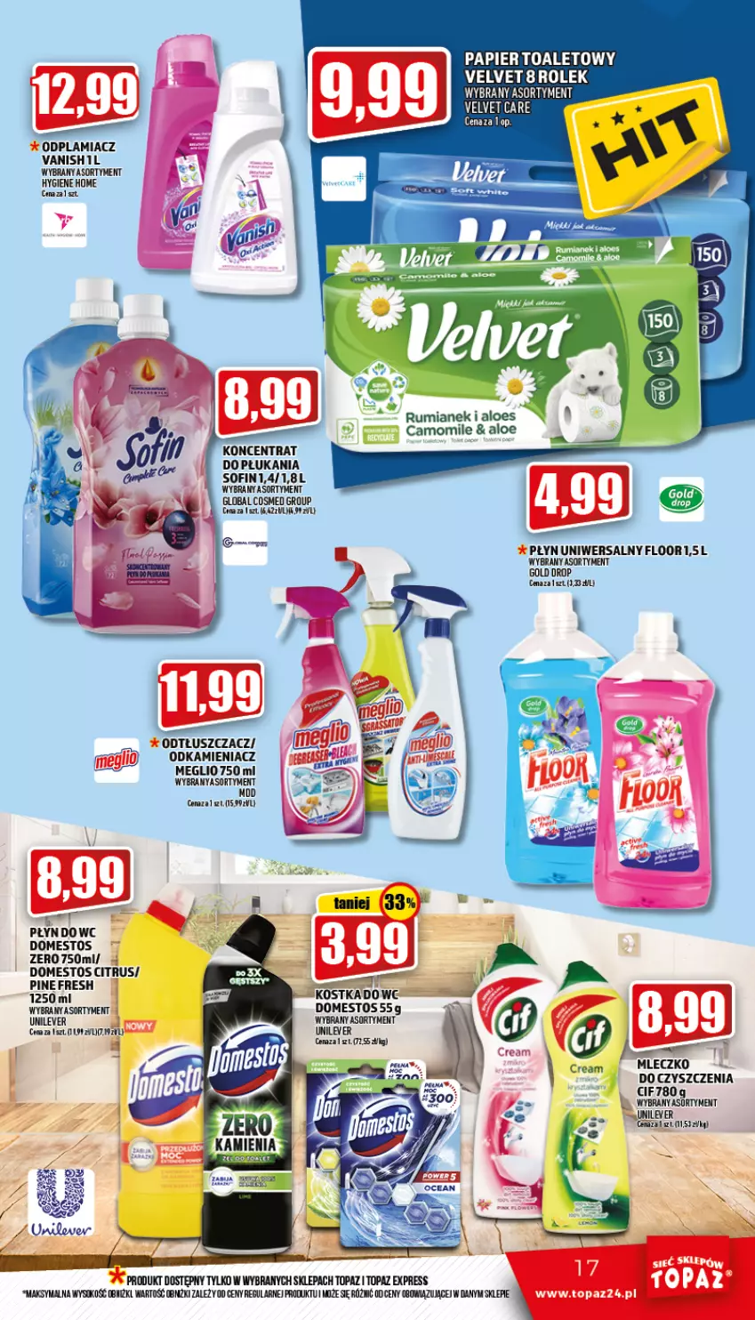 Gazetka promocyjna Topaz - Gazetka - ważna 21.07 do 27.07.2022 - strona 17 - produkty: Cif, Domestos, Mleczko, Odkamieniacz, Odplamiacz, Odtłuszczacz, Papier, Papier toaletowy, Płyn do wc, Rum, Sok, Top, Vanish, Velvet