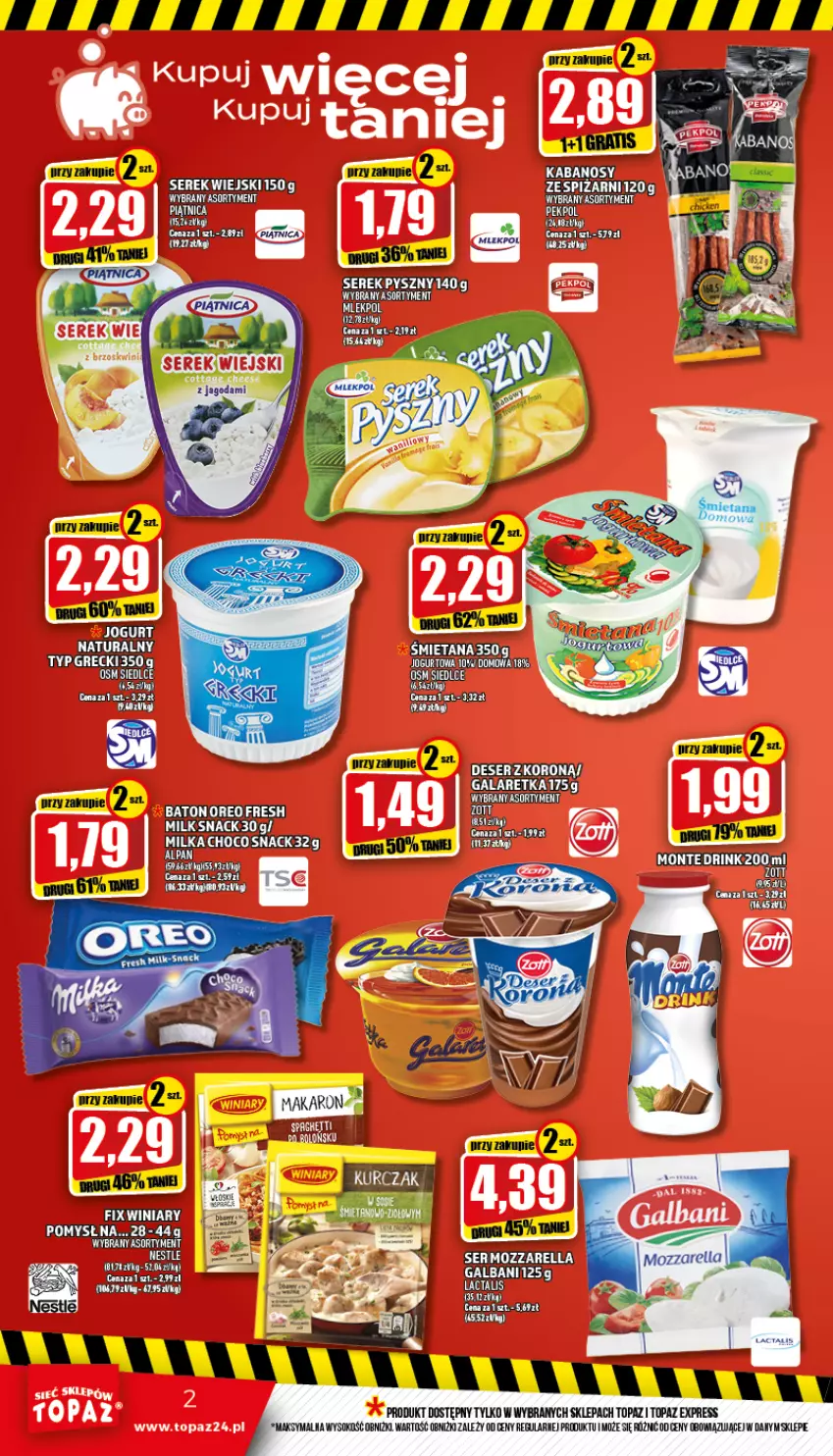 Gazetka promocyjna Topaz - Gazetka - ważna 21.07 do 27.07.2022 - strona 2 - produkty: Gala, Galaretka, Jogurt, Monte, Ser, Serek, Sok, Top