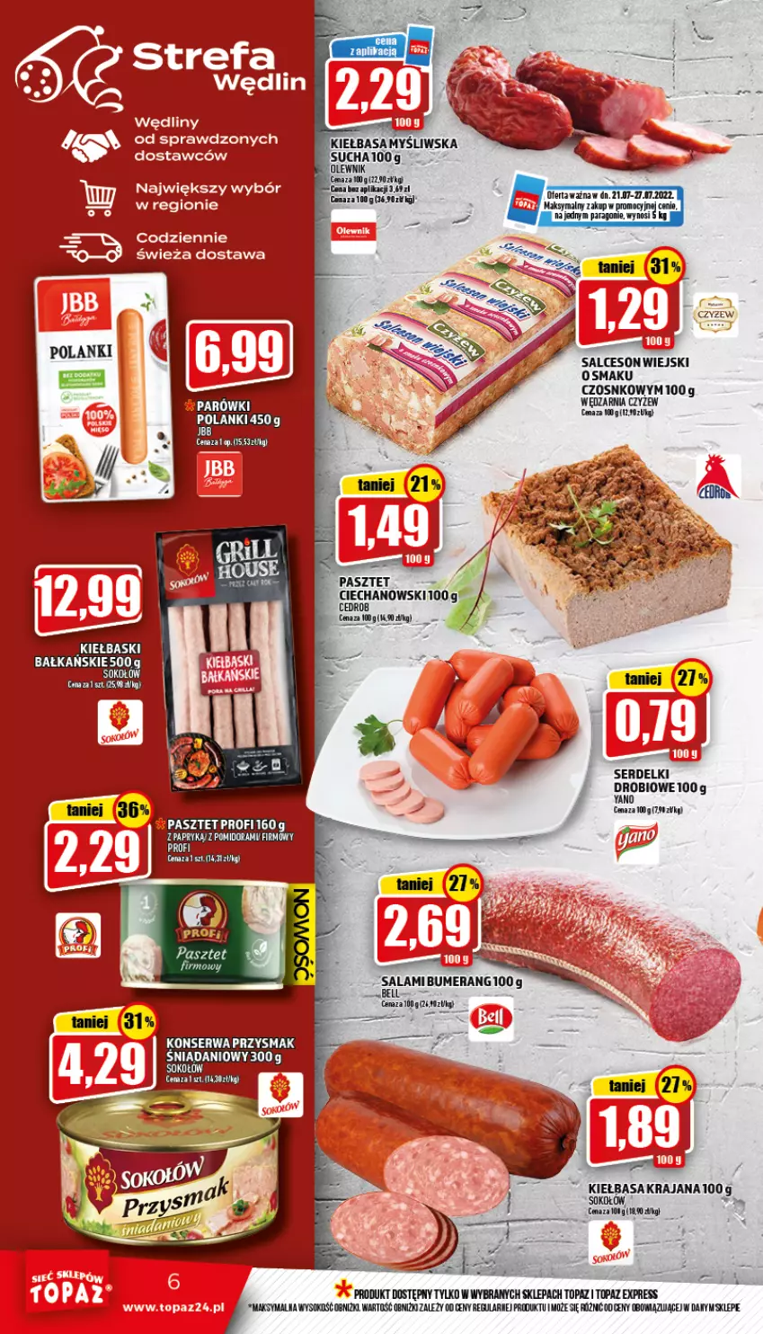 Gazetka promocyjna Topaz - Gazetka - ważna 21.07 do 27.07.2022 - strona 6 - produkty: Bell, Bumerang, Danio, Kiełbasa, Lanki, Parówki, Por, Salami, Salceson, Ser, Serdelki, Sok, Sokołów, Top