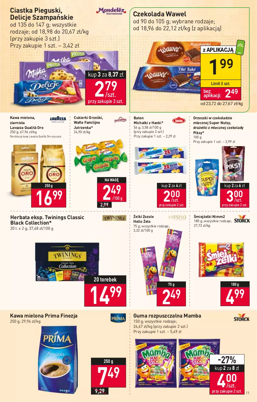 Gazetka promocyjna Stokrotka - Market - ważna 10.03 do 16.03.2022 - strona 11 - produkty: Baton, Ciastka, Cukier, Cukierki, Czekolada, Delicje, Fa, Grześki, Guma rozpuszczalna, Herbata, Jutrzenka, Kawa, Kawa mielona, Lack, Lavazza, Mamba, Michałki, Nimm2, Orzeszki, Prima, Wafle, Wawel