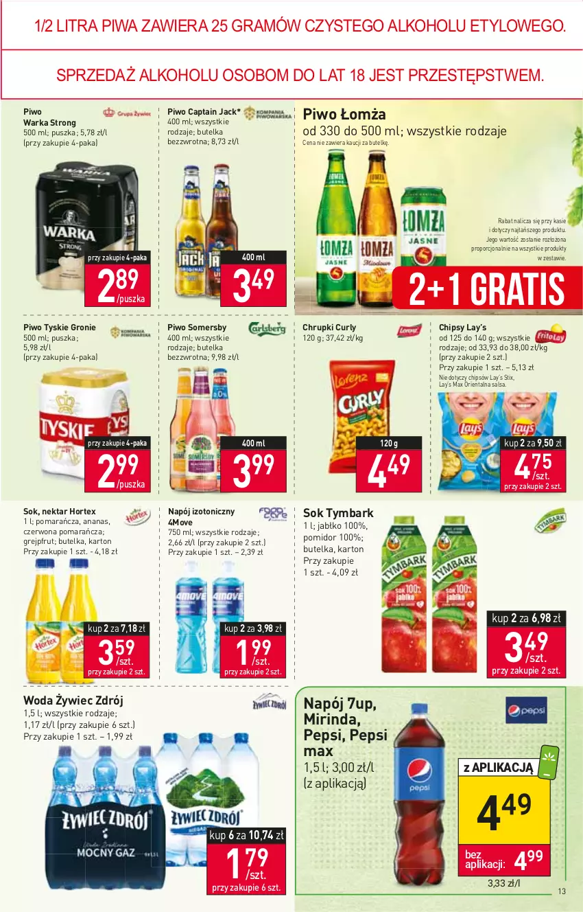 Gazetka promocyjna Stokrotka - Market - ważna 10.03 do 16.03.2022 - strona 13 - produkty: 7up, Ananas, Captain Jack, Chipsy, Chrupki, Gra, Grejpfrut, Hortex, Lay’s, Mirinda, Napój, Napój izotoniczny, Nektar, Pepsi, Pepsi max, Piwa, Piwo, Por, Salsa, Sok, Somersby, Tymbark, Tyskie, Warka, Woda