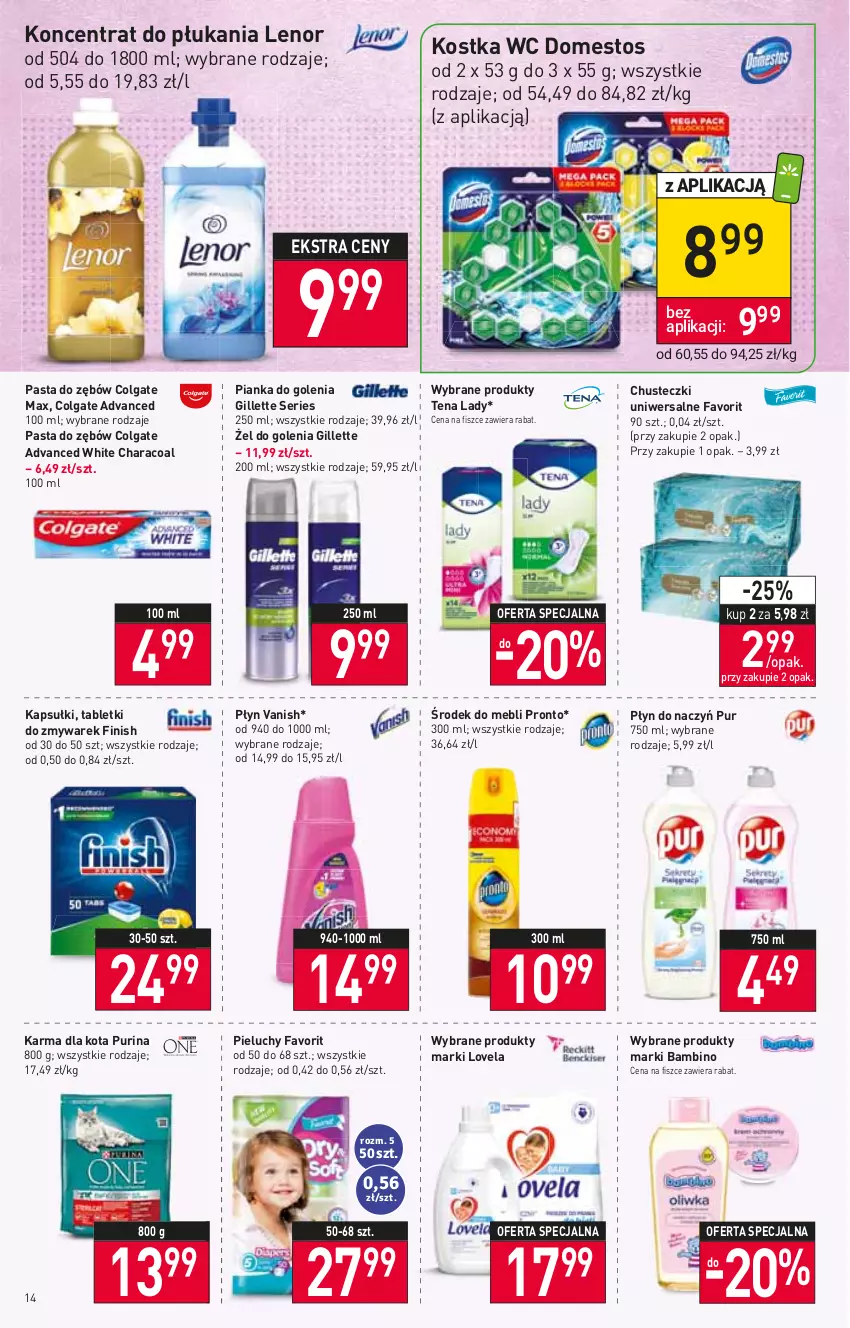 Gazetka promocyjna Stokrotka - Market - ważna 10.03 do 16.03.2022 - strona 14 - produkty: Chusteczki, Colgate, Domestos, Fa, Finish, Gillette, Lenor, LG, Lovela, Pasta do zębów, Pianka do golenia, Pieluchy, Pronto, Pur, Purina, Ser, Tablet, Vanish