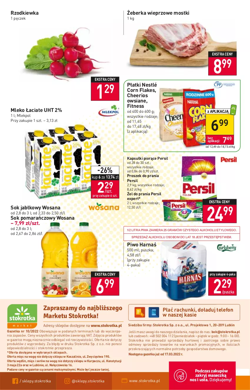 Gazetka promocyjna Stokrotka - Market - ważna 10.03 do 16.03.2022 - strona 16 - produkty: Cheerios, Corn flakes, Gra, Harnaś, Karp, Kosz, Mleko, Nestlé, O nas, Persil, Piwa, Piwo, Proszek do prania, Rzodkiewka, Ser, Sok, Sok jabłkowy, Sok pomarańczowy, Szal, Telefon, Wagi, Wosana