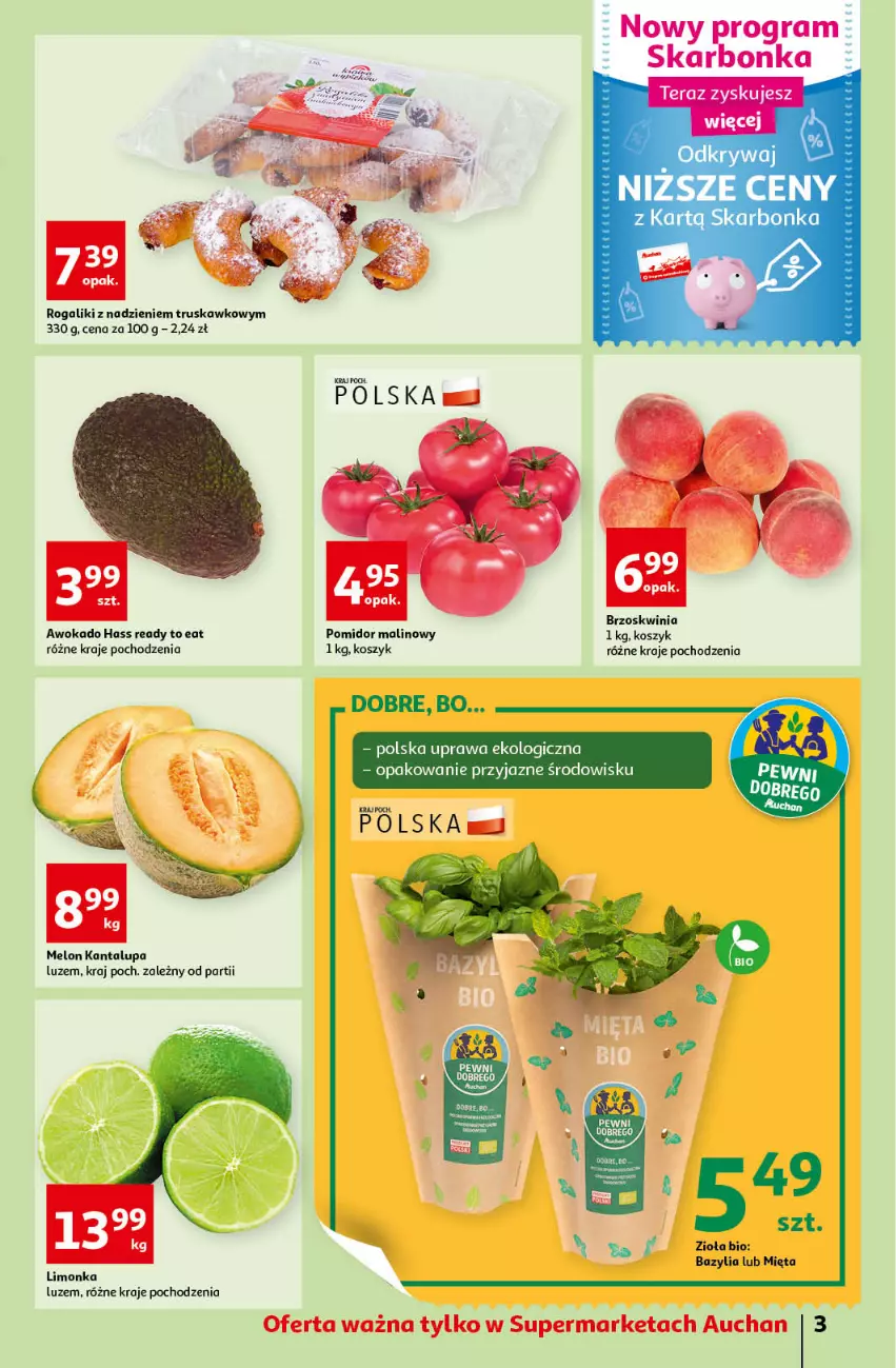 Gazetka promocyjna Auchan - przeNISKIE CENY Prze SŁONECZNE oferty Supermarkety - ważna 30.06 do 06.07.2022 - strona 3 - produkty: Bazyl, Bazylia, Gra, Kosz, Limonka, Melon, Mięta, Pomidor malinowy, Rogal, Tera