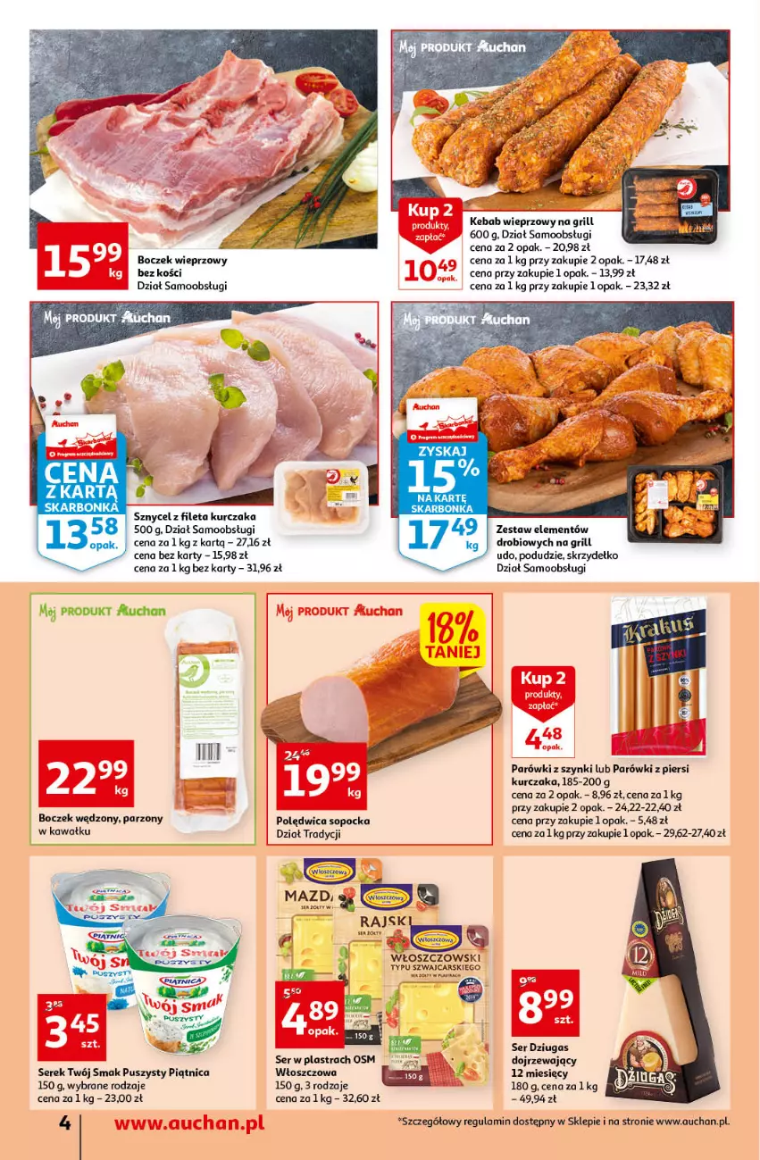 Gazetka promocyjna Auchan - przeNISKIE CENY Prze SŁONECZNE oferty Supermarkety - ważna 30.06 do 06.07.2022 - strona 4 - produkty: AEG, Boczek, Boczek wieprzowy, Grill, Kawa, Kebab, Kurczak, Parówki, Parówki z piersi kurczaka, Parówki z szynki, Piątnica, Polędwica, Ser, Serek, Twój Smak, Włoszczowski