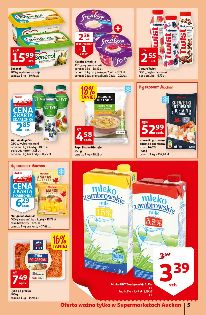 Gazetka promocyjna Auchan - przeNISKIE CENY Prze SŁONECZNE oferty Supermarkety - ważna 30.06 do 06.07.2022 - strona 5 - produkty: Activia, Ananas, Bakoma, Benecol, Jogurt, Krewetki, Mango, Mleko, Ryba, Ryba po grecku, Smakija, Zupa