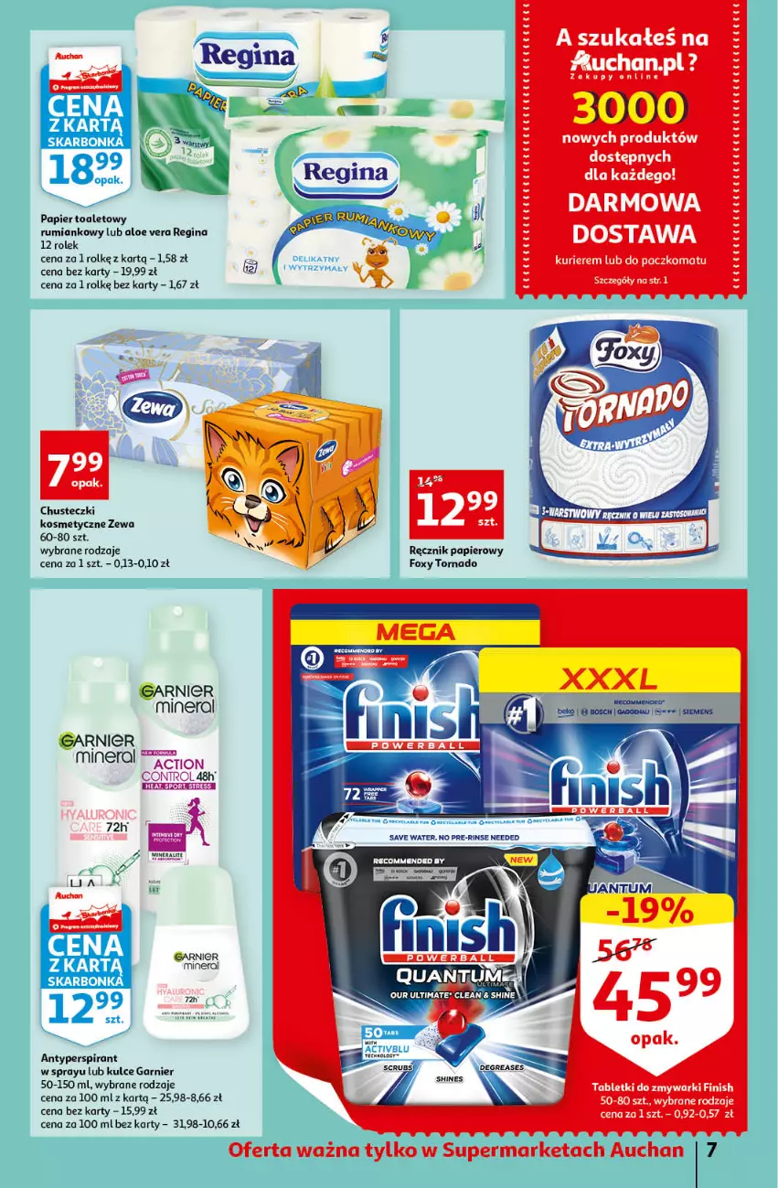 Gazetka promocyjna Auchan - przeNISKIE CENY Prze SŁONECZNE oferty Supermarkety - ważna 30.06 do 06.07.2022 - strona 7 - produkty: Aloe vera, Antyperspirant, Beko, Bosch, Chusteczki, Chusteczki kosmetyczne, Finish, Foxy, Garnier, Gin, Papier, Papier toaletowy, Ręcznik, Rum, Ser, Siemens, Tablet, Tabletki do zmywarki, Zmywarki