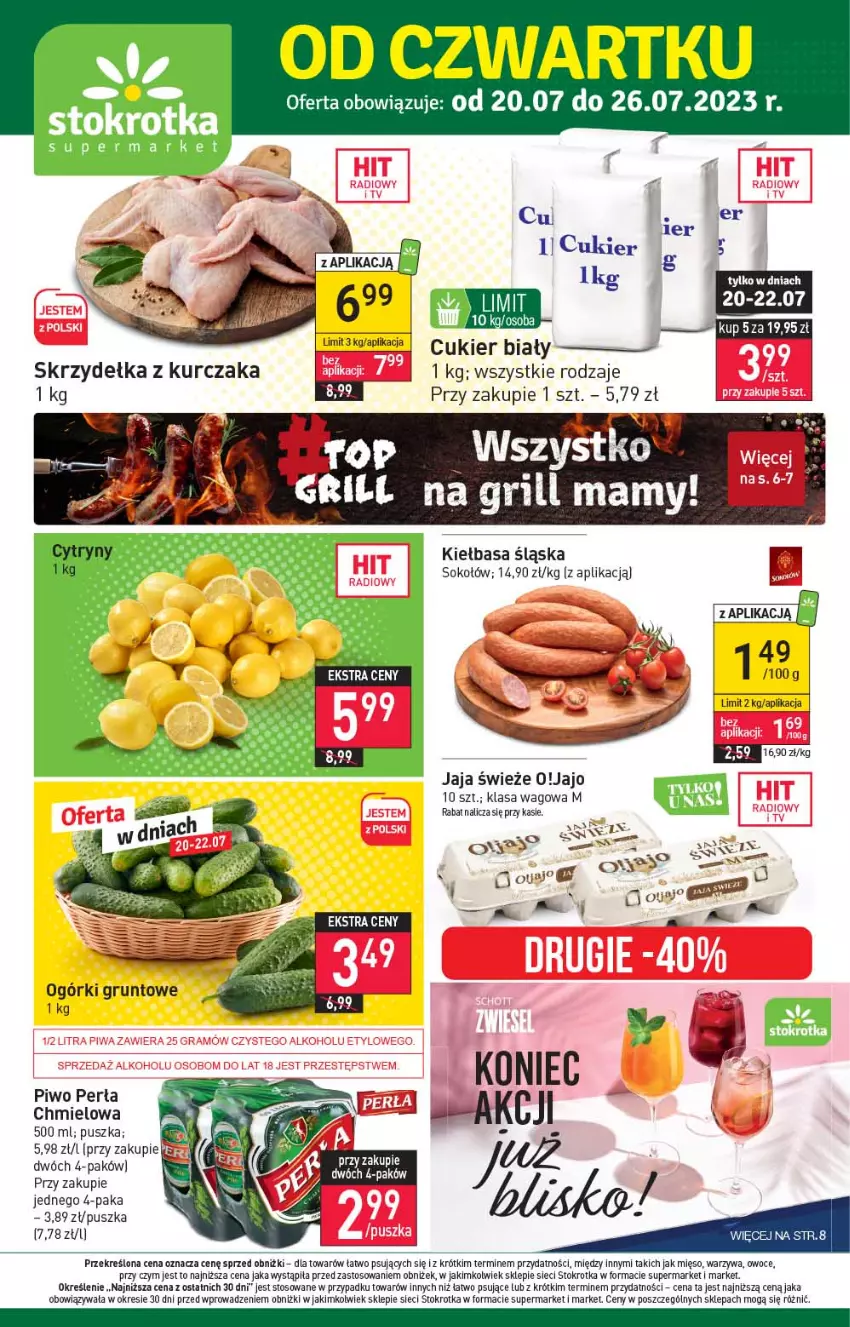 Gazetka promocyjna Stokrotka - Supermarket - ważna 20.07 do 26.07.2023 - strona 1 - produkty: Jaja, Kiełbasa, Kiełbasa śląska, Kurczak, Mięso, Owoce, Perła, Piwo, Skrzydełka z kurczaka, Sok, Sokołów, Warzywa