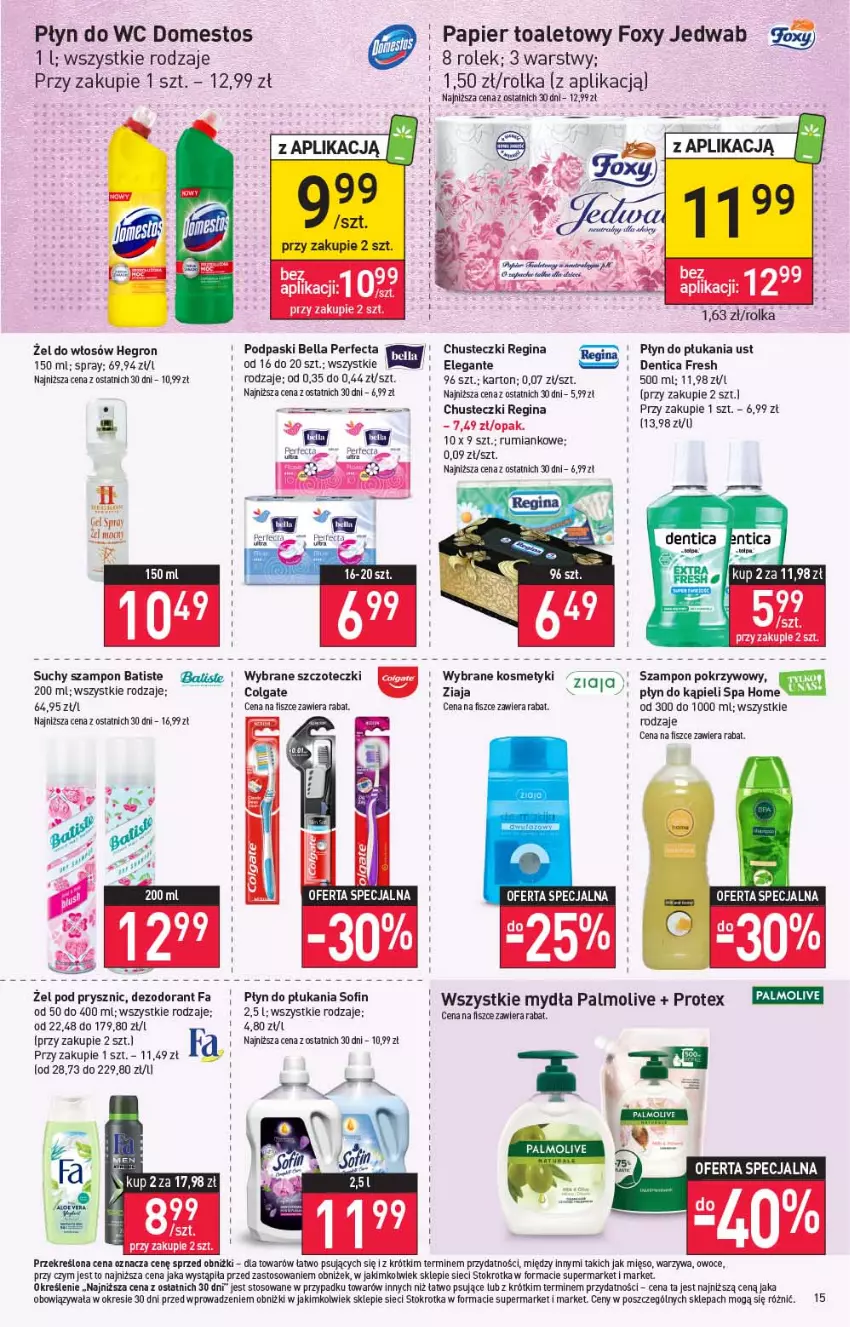 Gazetka promocyjna Stokrotka - Supermarket - ważna 20.07 do 26.07.2023 - strona 16 - produkty: Batiste, Bell, Bella, Chusteczki, Colgate, Dezodorant, Domestos, Fa, Foxy, Gin, Hegron, LG, Mięso, Owoce, Palmolive, Papier, Papier toaletowy, Perfecta, Płyn do kąpieli, Płyn do płukania, Płyn do wc, Podpaski, Rum, Suchy szampon, Szampon, Warzywa, Ziaja