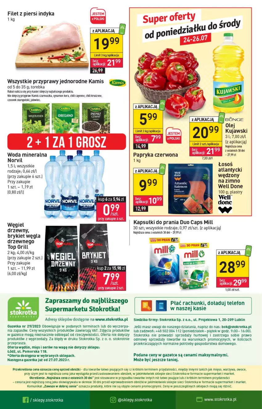 Gazetka promocyjna Stokrotka - Supermarket - ważna 20.07 do 26.07.2023 - strona 17 - produkty: Czosnek, Dres, Filet z piersi indyka, Grill, JBL, Kamis, Kapsułki do prania, Kujawski, Mięso, O nas, Olej, Owoce, Papryka, Papryka czerwona, Przyprawy, Ser, Telefon, Top, Torebka, Wagi, Warzywa, Węgiel drzewny, Woda, Woda mineralna