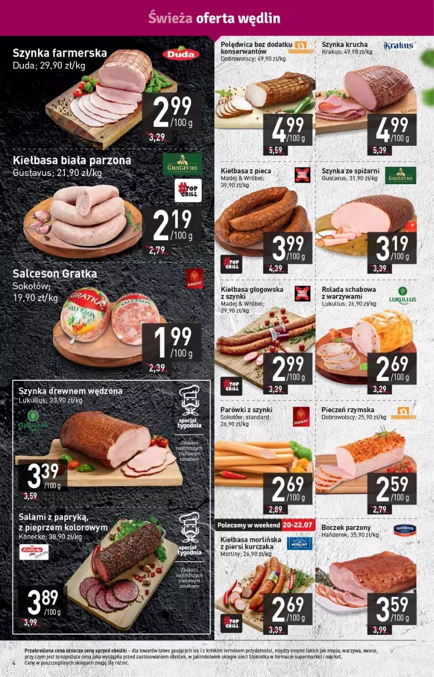 Gazetka promocyjna Stokrotka - Supermarket - ważna 20.07 do 26.07.2023 - strona 4 - produkty: Gra, JBL, Kiełbasa, Kiełbasa biała, Kiełbasa głogowska, Krakus, Kurczak, Mięso, Morliny, Owoce, Parówki, Parówki z szynki, Piec, Pieczeń rzymska, Polędwica, Rolada, Salceson, Ser, Sok, Sokołów, Szynka, Warzywa