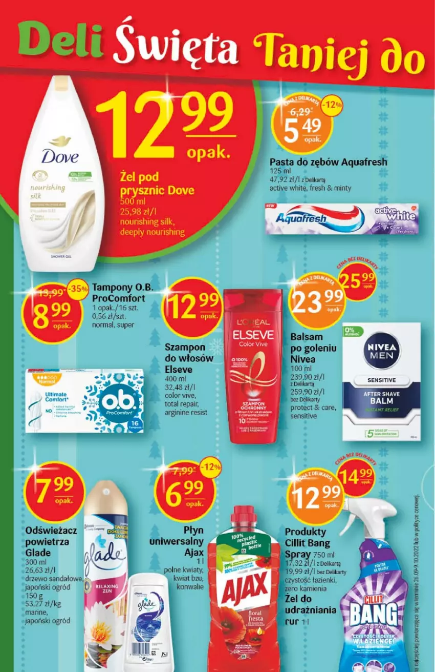 Gazetka promocyjna Delikatesy Centrum - Gazetka DC46 - ważna 24.11 do 30.11.2022 - strona 30 - produkty: Ajax, Aquafresh, Balsam po goleniu, Cillit Bang, Dove, Elseve, Gin, Nivea, O.B., Ogród, Pasta do zębów, Sandał, Szampon, Tampony