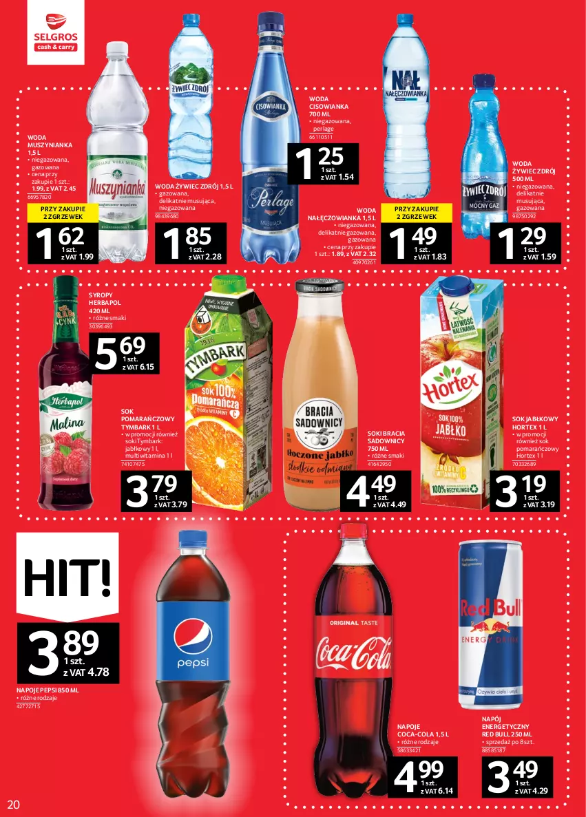 Gazetka promocyjna Selgros - Oferta spożywcza - ważna 02.02 do 15.02.2023 - strona 20 - produkty: Cisowianka, Coca-Cola, Herbapol, Hortex, Mus, Muszynianka, Nałęczowianka, Napój, Napój energetyczny, Napoje, Pepsi, Red Bull, Sok, Sok jabłkowy, Sok pomarańczowy, Syrop, Syropy, Tymbark, Woda