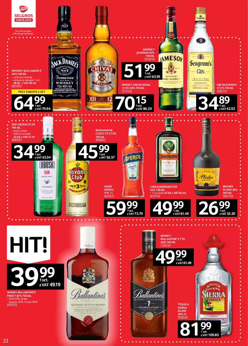 Gazetka promocyjna Selgros - Oferta spożywcza - ważna 02.02 do 15.02.2023 - strona 22 - produkty: Aperol, Brandy, Gin, Gra, Jameson, Likier, Pliska, Rum, Tequila, Whiskey, Whisky