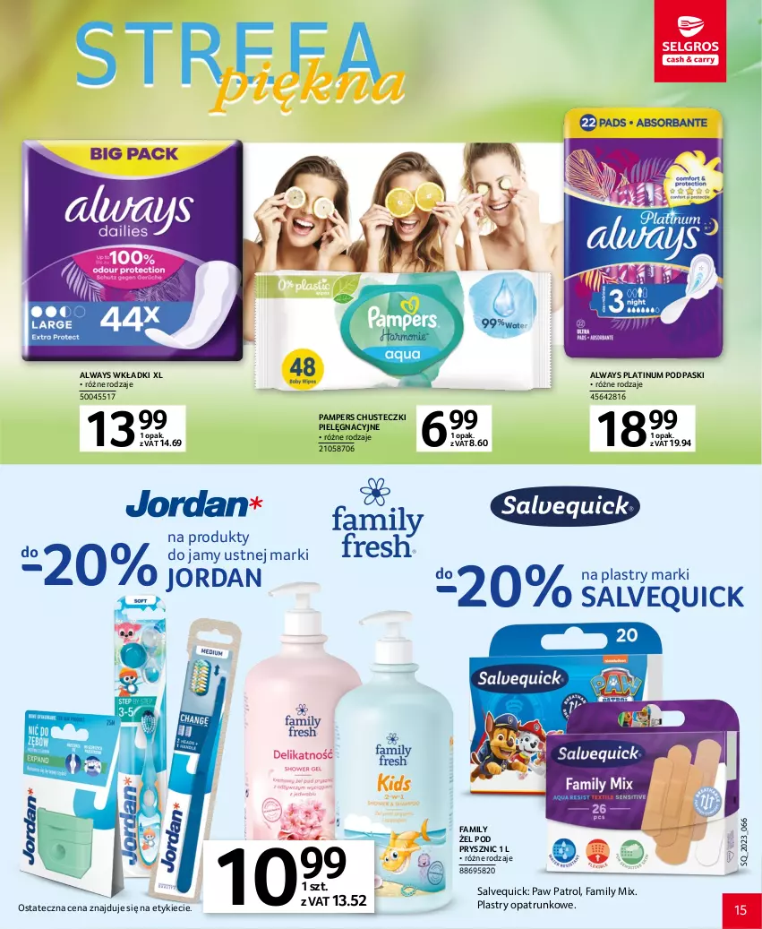 Gazetka promocyjna Selgros - Katalog Uroda - ważna 20.04 do 02.05.2023 - strona 15 - produkty: Always, Chusteczki, Fa, Pampers, Plastry opatrunkowe, Podpaski, Wkładki