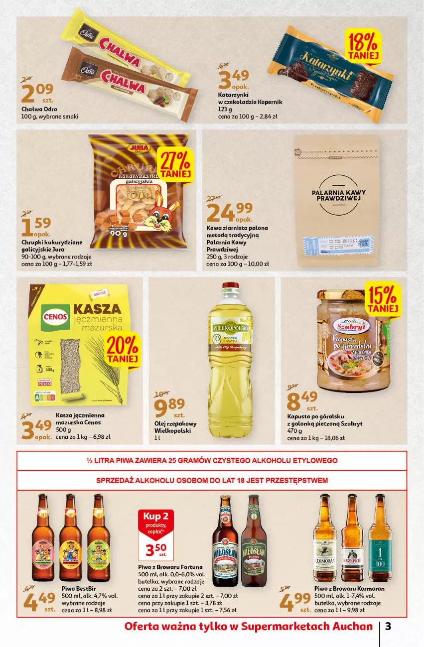 Gazetka promocyjna Auchan - Gazetka przeNISKIE CENY – PrzeWyborne produkty regionalne Supermarkety - ważna 08.09 do 14.09.2022 - strona 3 - produkty: Cenos, Chałwa, Chrupki, Fortuna, Gra, Kasza, Kasza jęczmienna, Kawa, Kawa ziarnista, Olej, Olej rzepakowy, Piec, Piwa, Piwo, Szubryt