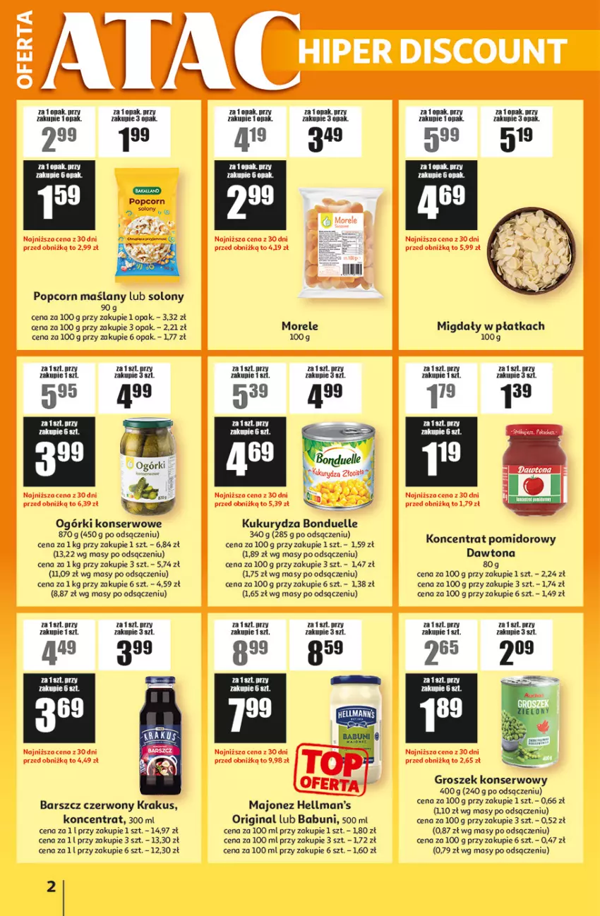 Gazetka promocyjna Auchan - Gazetka ATAC Hiper Discount - ważna 04.12 do 24.12.2025 - strona 2 - produkty: Babuni, Bonduelle, Dawtona, Gin, Groszek, Koncentrat pomidorowy, Krakus, Kukurydza, Majonez, Migdały, Ogórki konserwowe, Popcorn, Ser