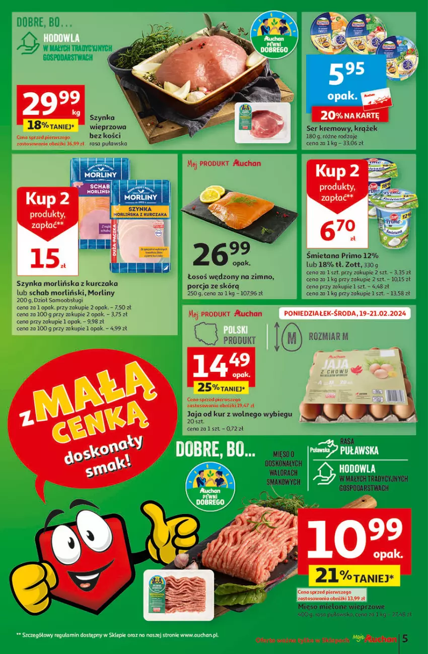 Gazetka promocyjna Auchan - Gazetka z MAŁĄ CENKĄ dźwigniesz więcej! Moje Auchan - ważna 15.02 do 21.02.2024 - strona 5 - produkty: Jaja, Kurczak, Mięso, Mięso mielone, Morliny, Por, Ryż, Ser, Szynka, Zott