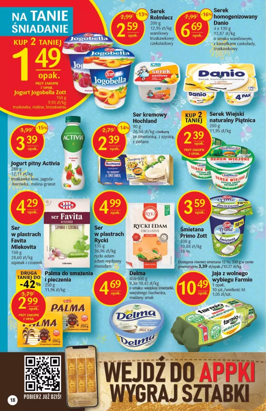 Gazetka promocyjna Delikatesy Centrum - Gazetka DC38 - ważna 29.09 do 05.10.2022 - strona 18 - produkty: Activia, Bell, Bella, Borówka, Czosnek, Danio, Delma, Edam, Fa, Favita, Gra, Granat, Hochland, Jaja, Jogobella, Jogurt, Jogurt pitny, Kawa, Kiwi, Maasdam, Mleko, Mlekovita, Palma, Piątnica, Piec, Rolmlecz, Ser, Serek, Serek homogenizowany, Serek wiejski, Szpinak, Zott