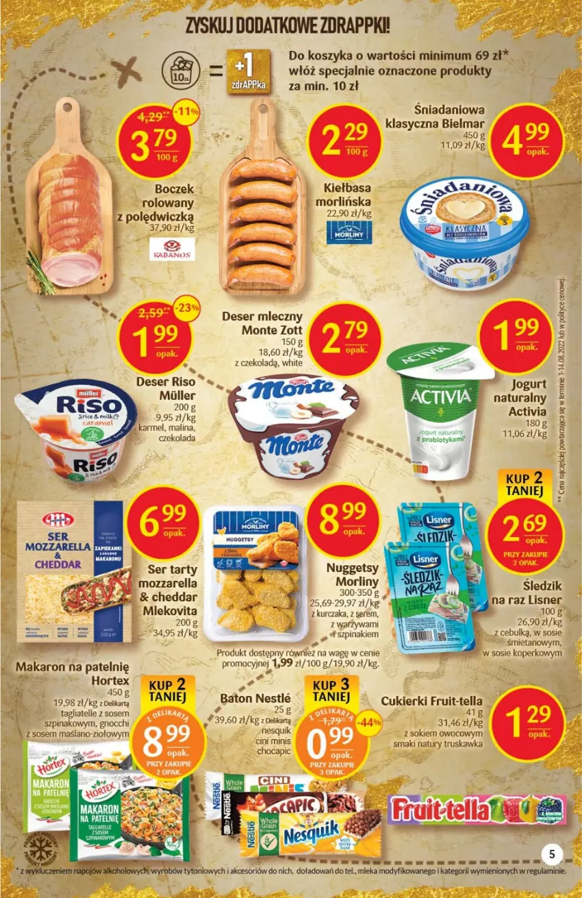 Gazetka promocyjna Delikatesy Centrum - Gazetka DC38 - ważna 29.09 do 05.10.2022 - strona 5 - produkty: Activia, Boczek, Cheddar, Cukier, Cukierki, Czekolada, Danio, Deser, Deser mleczny, Gnocchi, Jogurt, Jogurt naturalny, Kiełbasa, Kosz, Kurczak, Lisner, Makaron, Mleko, Mlekovita, Monte, Mozzarella, Nesquik, Ser, Sok, Sos, Szpinak, Tagliatelle, Warzywa, Zott