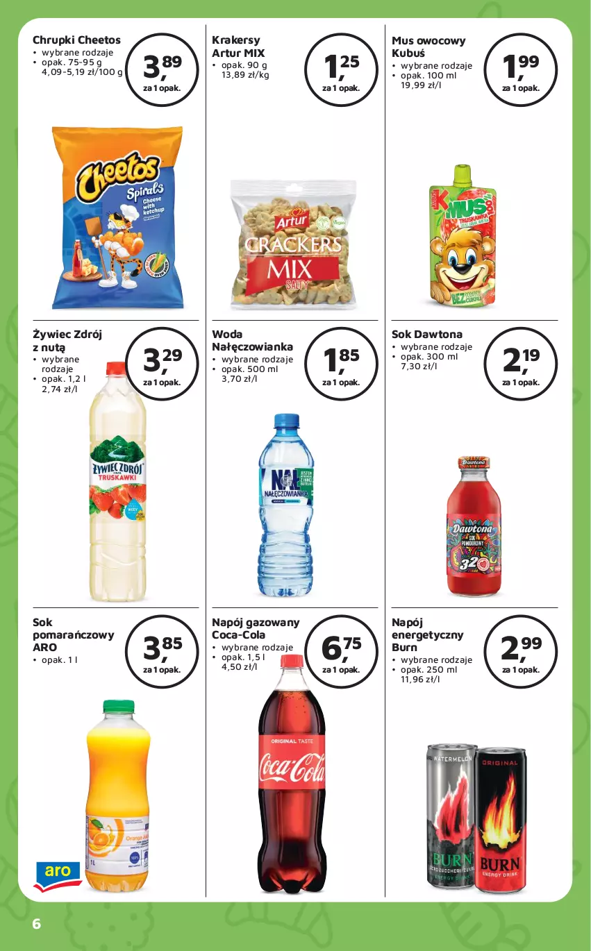 Gazetka promocyjna Odido - Gazetka - ważna 20.10 do 02.11.2023 - strona 6 - produkty: Artur, Cheetos, Chrupki, Coca-Cola, Dawtona, Krakersy, Kubuś, Mus, Nałęczowianka, Napój, Napój energetyczny, Napój gazowany, Sok, Sok pomarańczowy, Woda