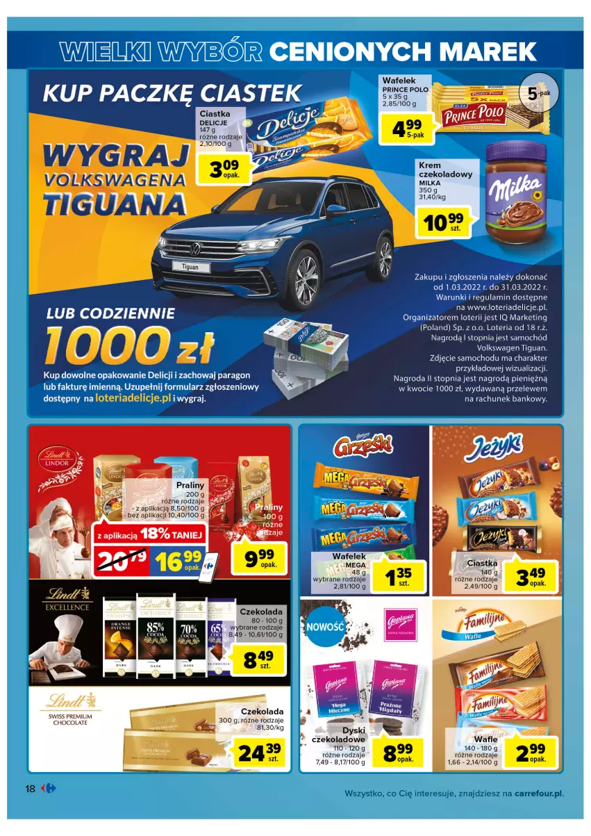 Gazetka promocyjna Carrefour - Gazetka Wielki wybór cenionych marek - ważna 01.03 do 12.03.2022 - strona 18 - produkty: Ciastka, Czekolada, Delicje, Fa, Gra, Milka, Odol, Praliny, Prince Polo, Samochód, Top, Wafelek, Wafle