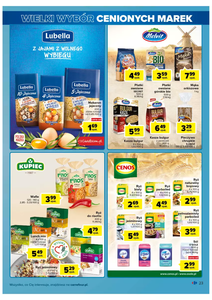 Gazetka promocyjna Carrefour - Gazetka Wielki wybór cenionych marek - ważna 01.03 do 12.03.2022 - strona 23 - produkty: Bulgur, Cenos, Chrupki, Kasza, LG, Mąka, Makaron, Piec, Pieczywo, Pieczywo chrupkie, Ryż, Ryż naturalny, Sól, Wafle