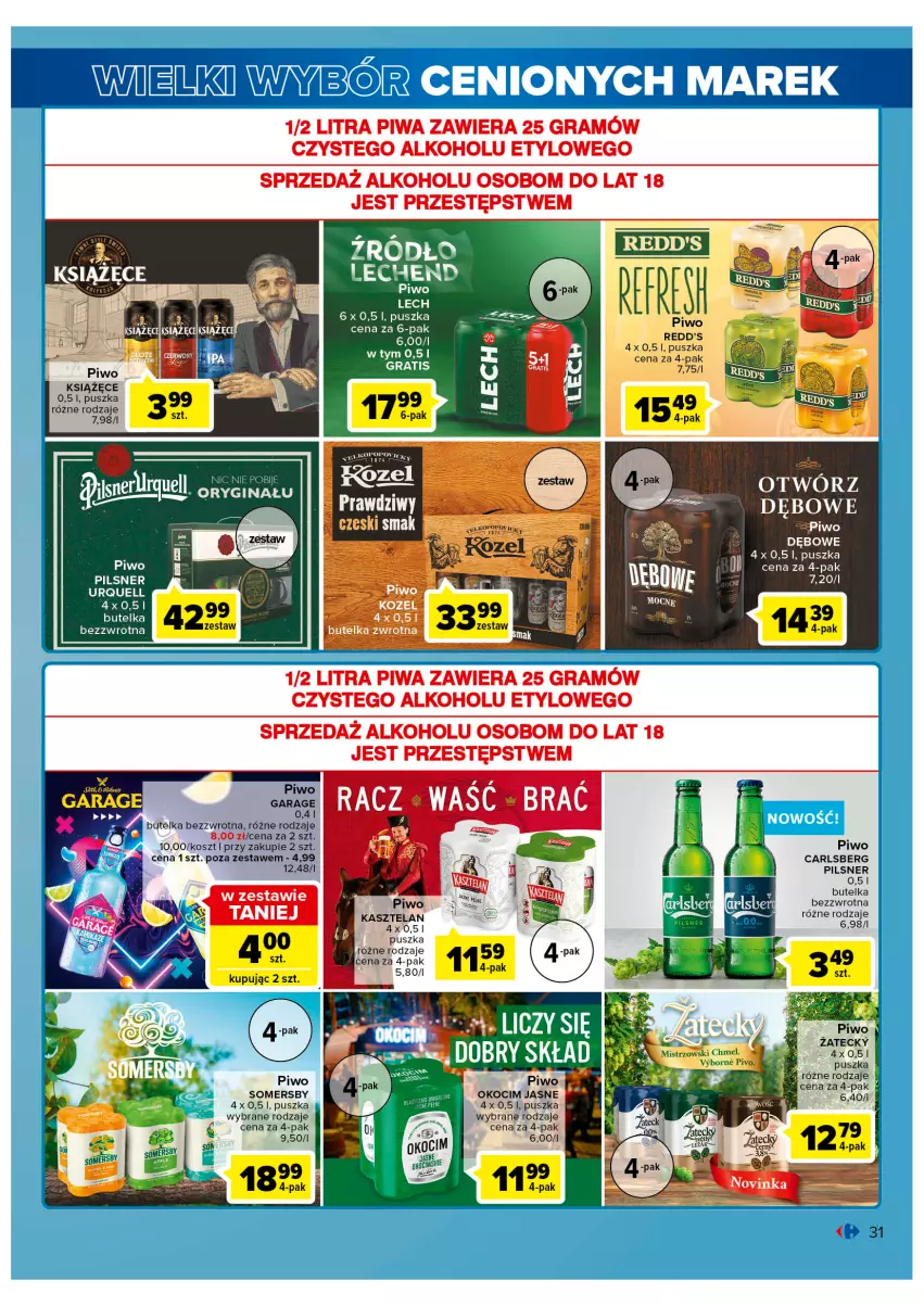 Gazetka promocyjna Carrefour - Gazetka Wielki wybór cenionych marek - ważna 01.03 do 12.03.2022 - strona 31 - produkty: Carlsberg, Gin, Gra, Kasztelan, Koc, Kosz, Kozel, Książęce, Okocim, Piwa, Piwo, Redd's, Somersby