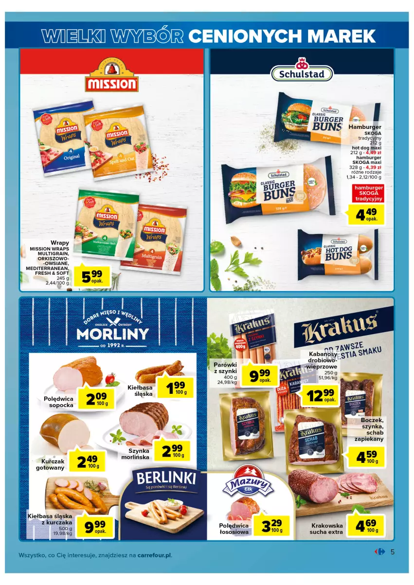 Gazetka promocyjna Carrefour - Gazetka Wielki wybór cenionych marek - ważna 01.03 do 12.03.2022 - strona 5 - produkty: Berlinki, Boczek, Burger, Gra, Hamburger, Hot dog, Kiełbasa, Kiełbasa śląska, Kurczak, Parówki, Polędwica, Sos, Szynka