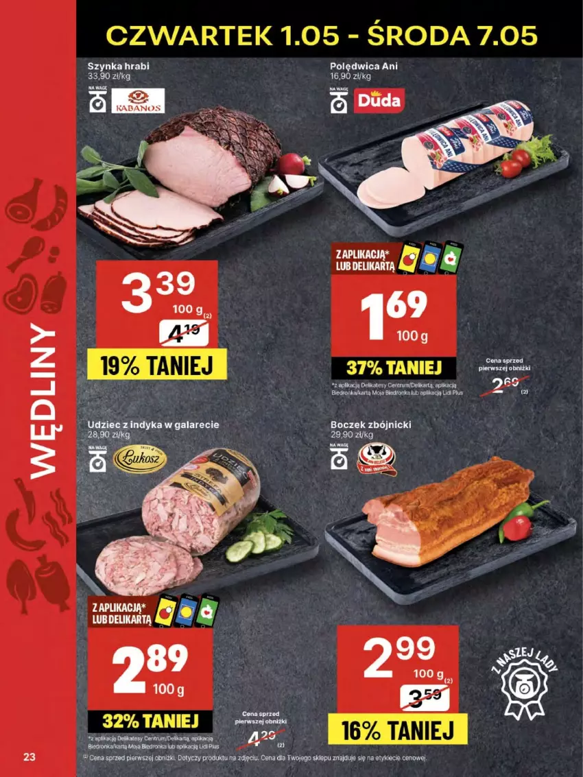 Gazetka promocyjna Delikatesy Centrum - Franczyza DC18 Czwartek - ważna 01.05 do 07.05.2025 - strona 23 - produkty: Boczek, Dron, Gala, Kabanos, Polędwica, Rum, Szynka