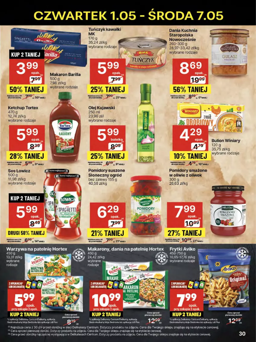 Gazetka promocyjna Delikatesy Centrum - Franczyza DC18 Czwartek - ważna 01.05 do 07.05.2025 - strona 30 - produkty: Barilla, Bulion, Dron, Frytki, Hortex, Kawa, Ketchup, Kuchnia, Kujawski, LG, Lion, Makaron, Ogród, Olej, Pomidory, Rum, Sos, Spaghetti, Suszone pomidory, Tuńczyk, Warzywa, Winiary