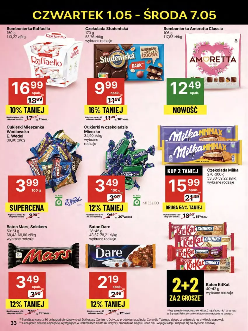 Gazetka promocyjna Delikatesy Centrum - Franczyza DC18 Czwartek - ważna 01.05 do 07.05.2025 - strona 33 - produkty: Baton, Cukier, Cukierki, Czekolada, E. Wedel, Fa, Mars, Milka, Raffaello, Rum, Snickers