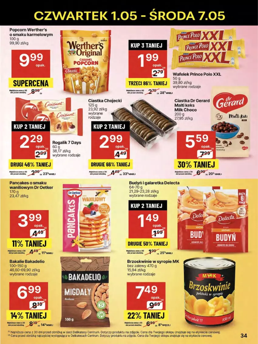 Gazetka promocyjna Delikatesy Centrum - Franczyza DC18 Czwartek - ważna 01.05 do 07.05.2025 - strona 34 - produkty: 7 Days, Brzoskwinie, Budyń, Ciastka, Delecta, Dr Gerard, Fa, Gala, Galaretka, Gin, Gra, Popcorn, Prince Polo, Rogal, Rum, Syrop, Wafelek