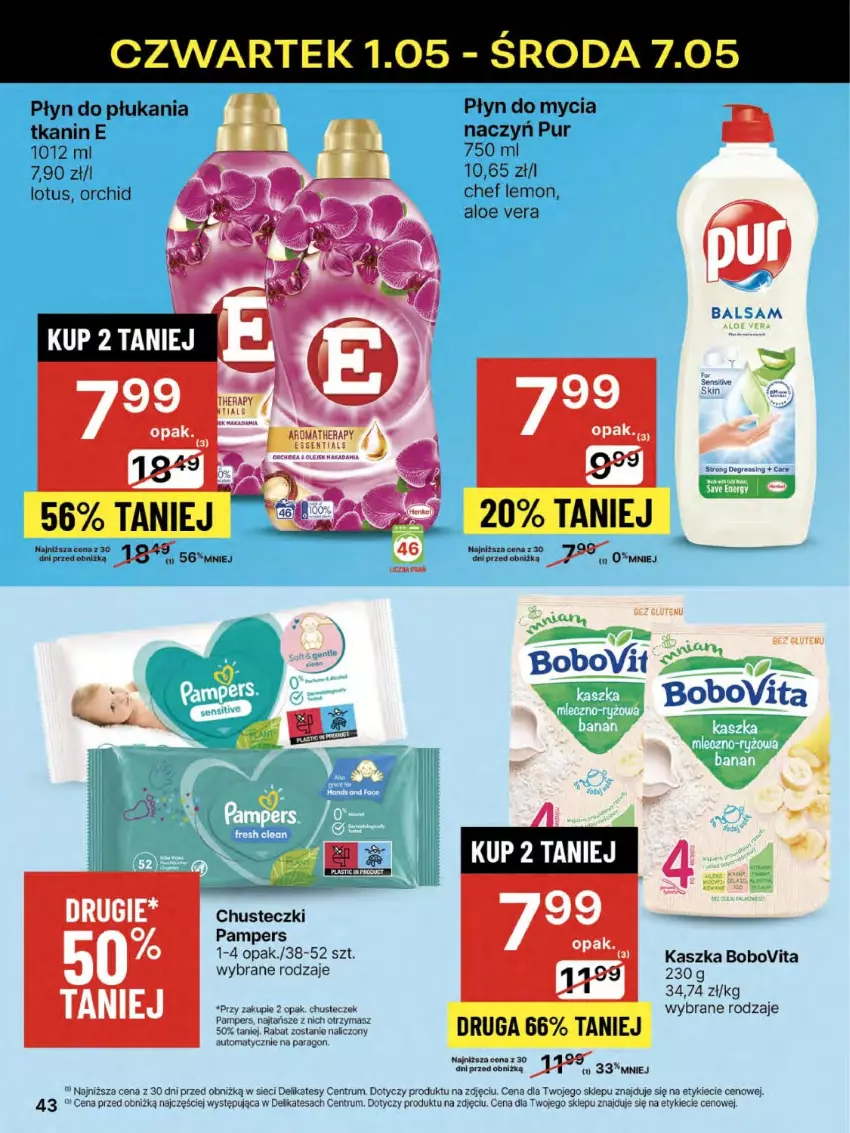Gazetka promocyjna Delikatesy Centrum - Franczyza DC18 Czwartek - ważna 01.05 do 07.05.2025 - strona 43 - produkty: Aloe vera, BoboVita, Chusteczki, Olma, Pampers, Płyn do mycia, Płyn do płukania, Pur, Rum