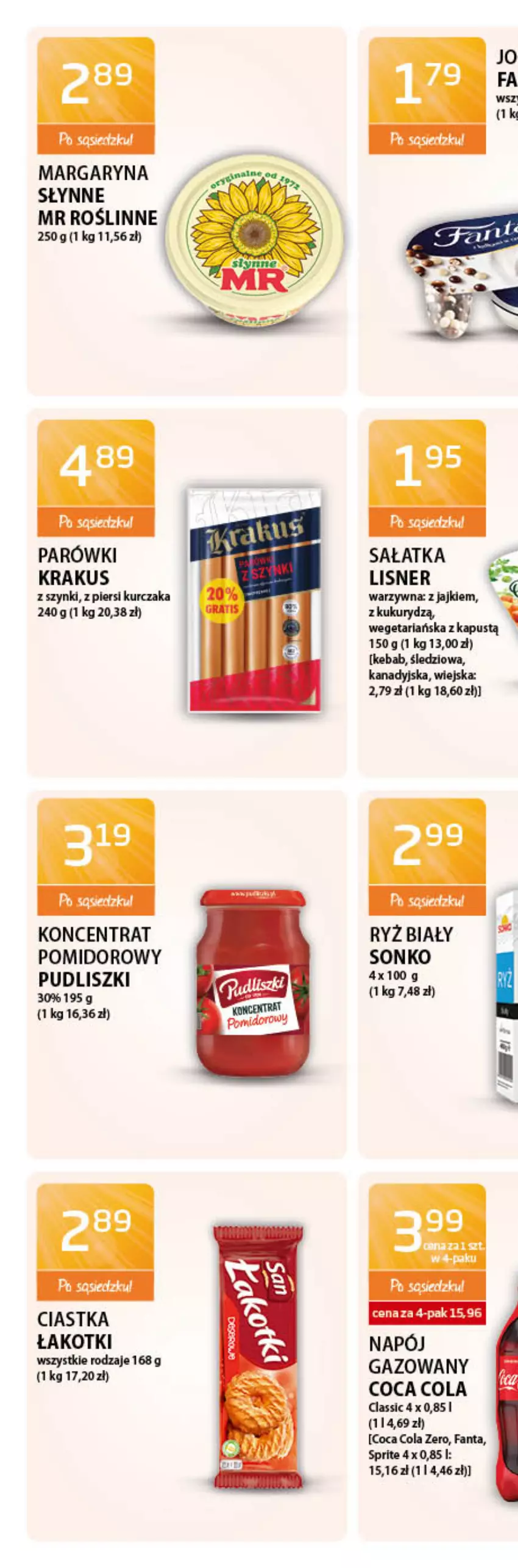 Gazetka promocyjna ABC - Gazetka - ważna 04.01 do 17.01.2022 - strona 8 - produkty: Ciastka, Fa, Fanta, Kapustą, Koncentrat pomidorowy, Krakus, Kurczak, Lisner, Margaryna, Napój, Napój gazowany, Parówki, Pudliszki, Ryż, Ryż biały, Sałat, Sałatka, Słynne, Słynne MR Roślinne, Sonko, Sprite