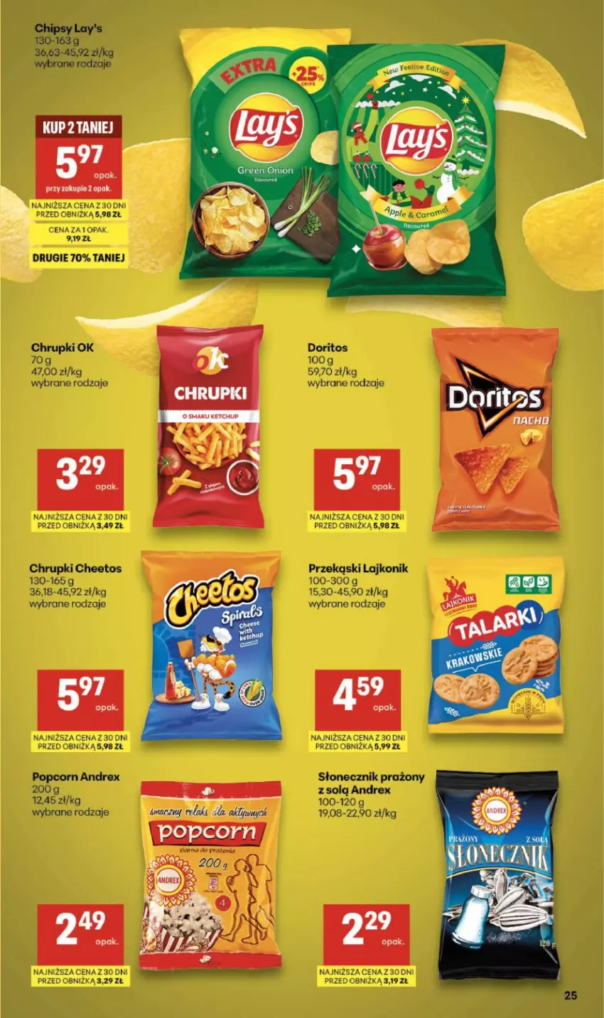 Gazetka promocyjna Delikatesy Centrum - Franczyza DC08 Czwartek - ważna 19.02 do 25.02.2026 - strona 25 - produkty: Cheetos, Chipsy, Chrupki, Lajkonik, Popcorn, Słonecznik prażony