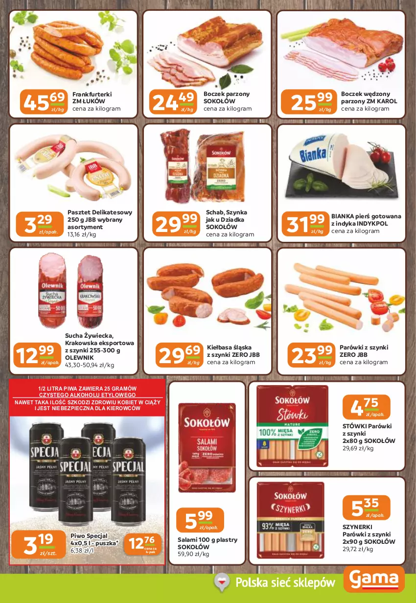 Gazetka promocyjna Gama - Gazetka Gama - ważna 12.02 do 24.02.2026 - strona 3 - produkty: Bianka, Boczek, Frankfurterki, Gra, Kiełbasa, Kiełbasa śląska, Olewnik, Parówki, Parówki z szynki, Pasztet, Piec, Piwa, Piwo, Por, Salami, Sok, Sokołów, Sport, Szynka