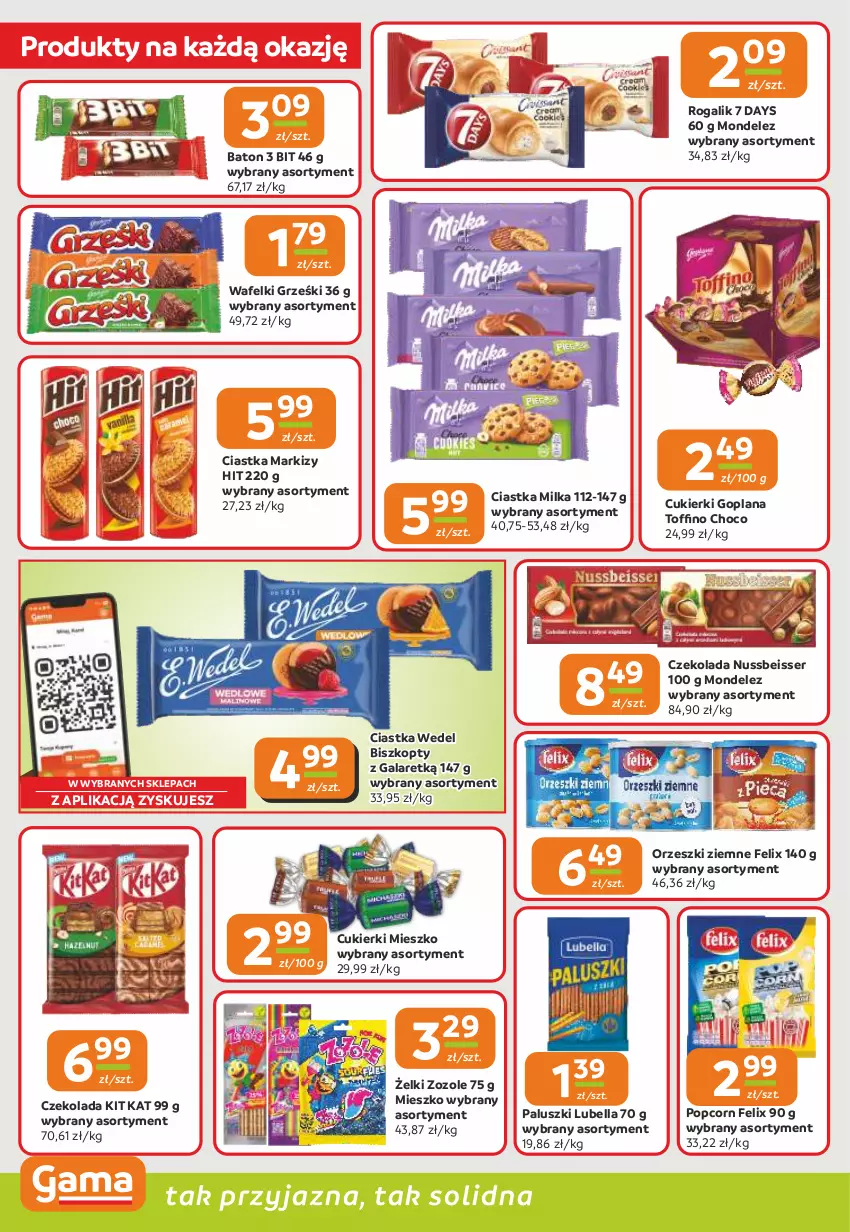 Gazetka promocyjna Gama - Gazetka Gama - ważna 12.02 do 24.02.2026 - strona 4 - produkty: 7 Days, Baton, Bell, Bella, Biszkopty, Ciastka, Cukier, Cukierki, Czekolada, Felix, Gala, Goplana, Grześki, Kit Kat, LANA, Lubella, Milka, Orzeszki, Orzeszki ziemne, Popcorn, Rogal, Ser