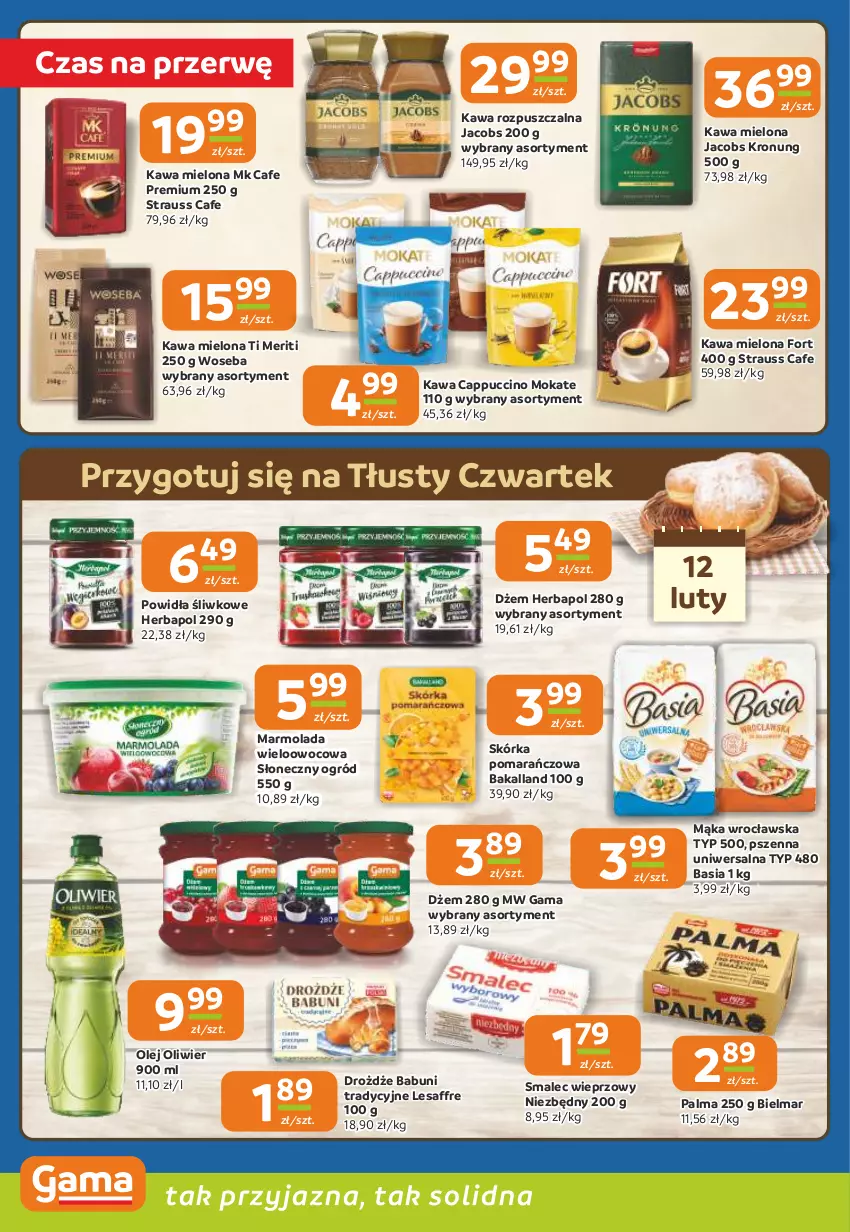 Gazetka promocyjna Gama - Gazetka Gama - ważna 12.02 do 24.02.2026 - strona 6 - produkty: Babuni, Bakalland, Basia, Cappuccino, Drożdże, Dżem, Herbapol, Jacobs, Kawa, Kawa mielona, Kawa rozpuszczalna, Mąka, Marmolada, Mola, Ogród, Olej, Palma, Smalec, Woseba
