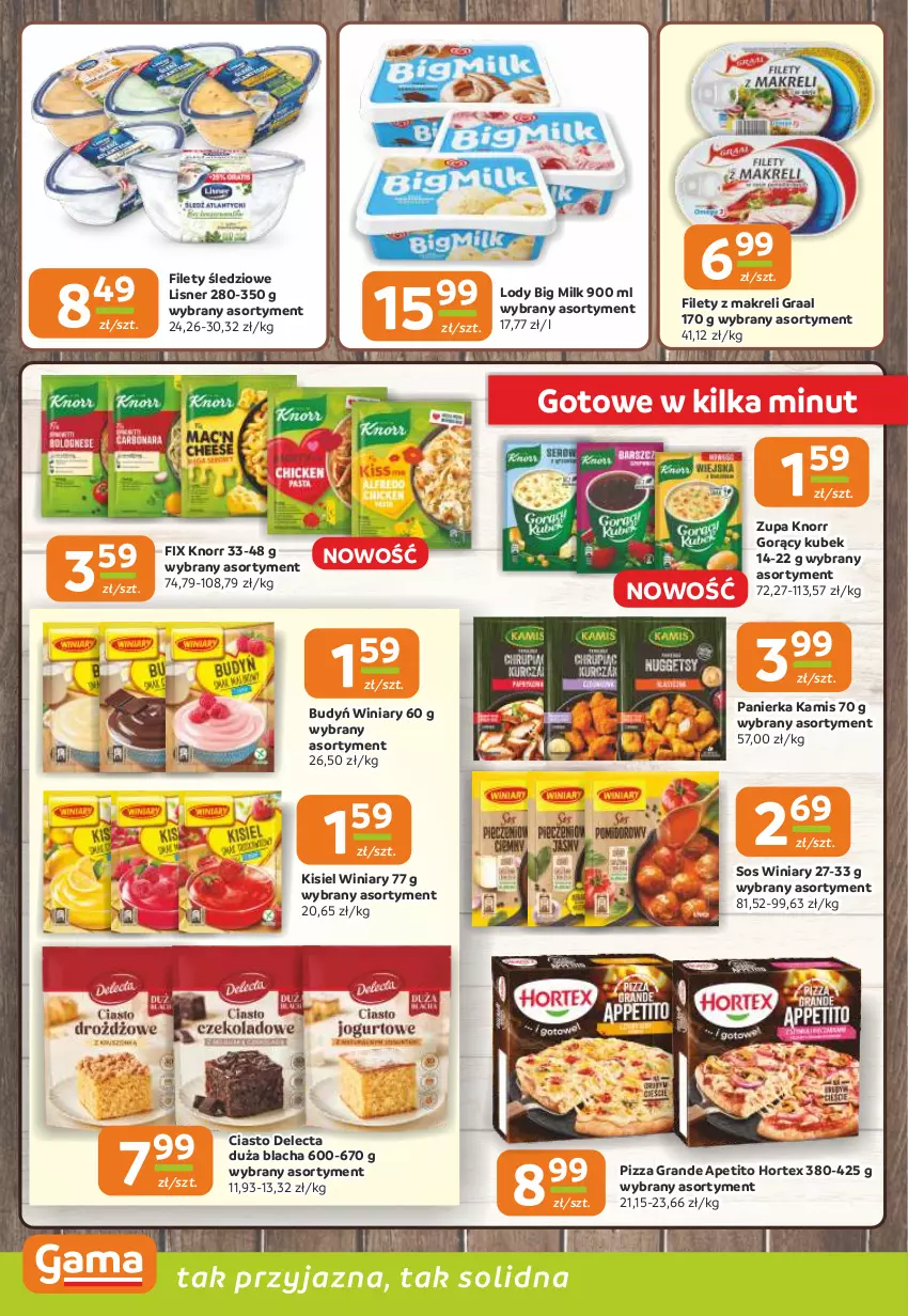 Gazetka promocyjna Gama - Gazetka Gama - ważna 12.02 do 24.02.2026 - strona 8 - produkty: Big Milk, Budyń, Delecta, Gra, Graal, Hortex, Kamis, Kisiel, Knorr, Kubek, Lisner, Lody, Pizza, Sos, Winiary, Zupa