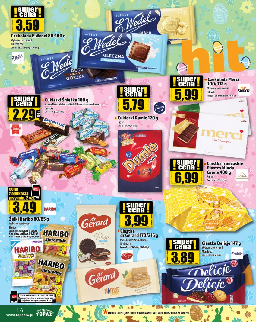 Gazetka promocyjna Topaz - Gazetka - ważna 28.03 do 03.04.2024 - strona 14 - produkty: Baton, Ciastka, Cukier, Cukierki, Czekolada, Delicje, Dr Gerard, Fa, Haribo, Kokos, Merci, Michałki, Top