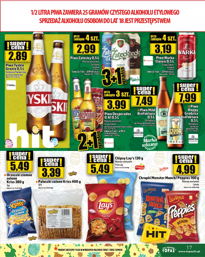 Gazetka promocyjna Topaz - Gazetka - ważna 28.03 do 03.04.2024 - strona 17 - produkty: Chipsy, Chrupki, Desperados, Fa, Lorenz, Monster Munch, Piwo, Top, Tyskie, Warka, Wasa