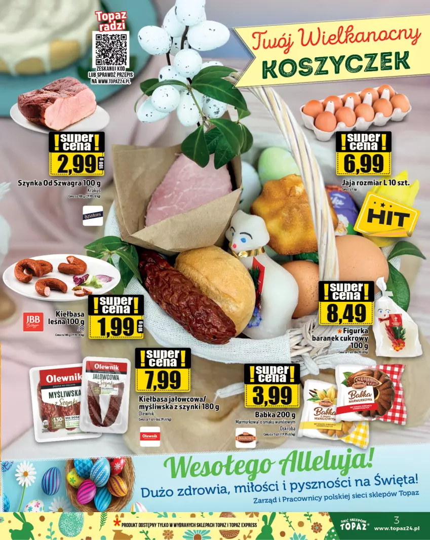 Gazetka promocyjna Topaz - Gazetka - ważna 28.03 do 03.04.2024 - strona 3 - produkty: Babka, Gra, Kiełbasa, Olewnik, Szynka, Top