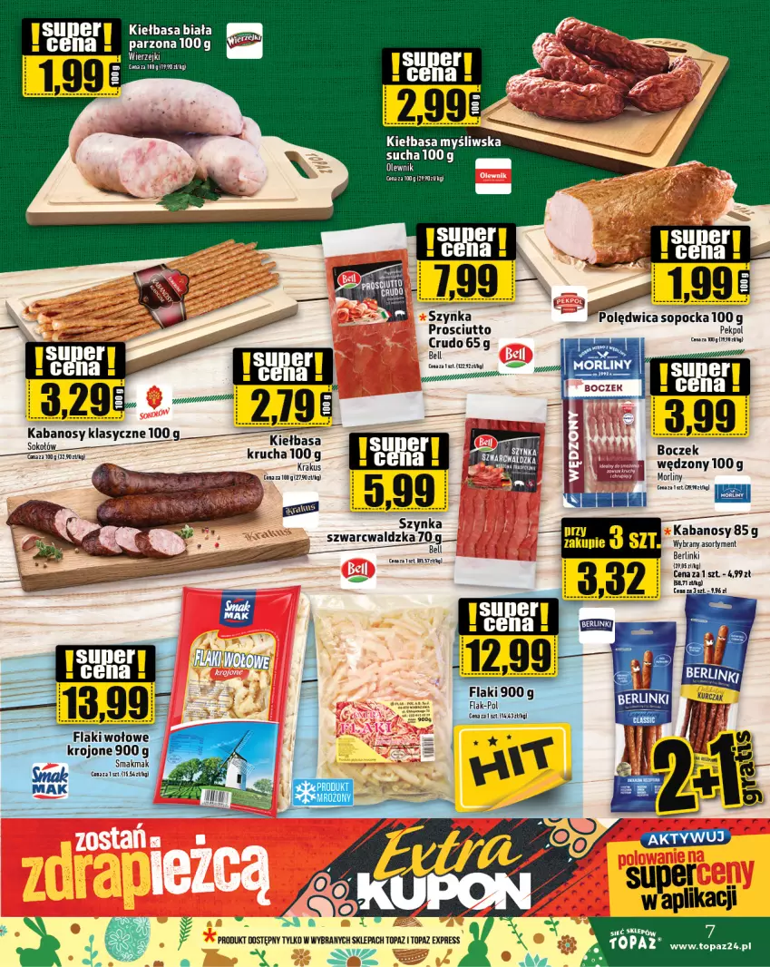 Gazetka promocyjna Topaz - Gazetka - ważna 28.03 do 03.04.2024 - strona 7 - produkty: Bell, Berlinki, Boczek, Flaki, Kabanos, Kiełbasa, Kiełbasa krucha, Krakus, Kret, Morliny, Polędwica, Prosciutto, Sok, Sokołów, Szynka, Top