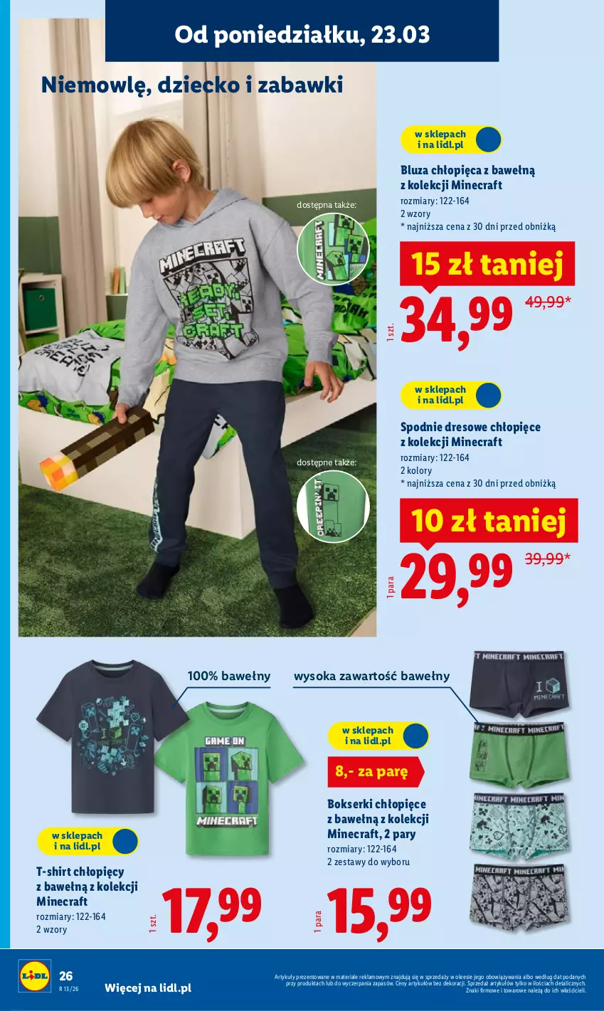 Gazetka promocyjna Lidl - Katalog ważny od 23.03 - ważna 23.03 do 29.03.2026 - strona 26 - produkty: Bluza, Bokserki, Dres, Minecraft, Ser, Sok, Spodnie, Spodnie dresowe, T-shirt