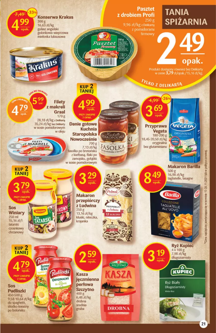 Gazetka promocyjna Delikatesy Centrum - Gazetka DC04 - ważna 27.01 do 02.02.2022 - strona 21 - produkty: Barilla, Chrzan, Danie gotowe, Fa, Flaki, Gin, Gra, Graal, Kasza, Kasza jęczmienna, Krakus, Kuchnia, Kupiec, Lasagne, Makaron, Olej, Pasztet, Piec, Pudliszki, Ryż, Ryż biały, Ser, Sos, Spaghetti, Tagliatelle, Vegeta, Winiary