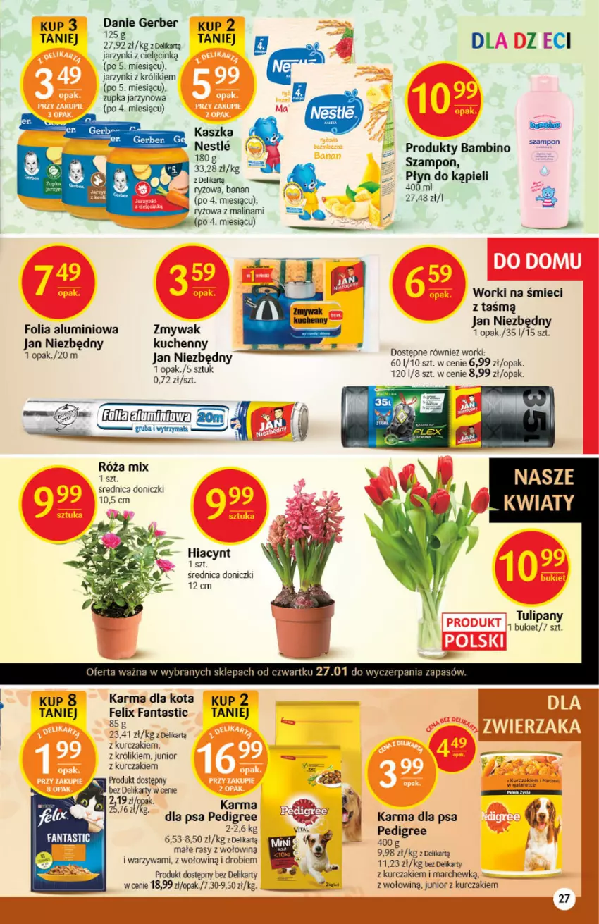 Gazetka promocyjna Delikatesy Centrum - Gazetka DC04 - ważna 27.01 do 02.02.2022 - strona 27 - produkty: Bukiet, Fa, Fanta, Felix, Folia aluminiowa, Gerber, Hiacynt, Jan Niezbędny, Królik, Kurczak, LG, Pedigree, Płyn do kąpieli, Róża, Ryż, Szampon, Tulipan, Warzywa, Worki na śmiec, Worki na śmieci