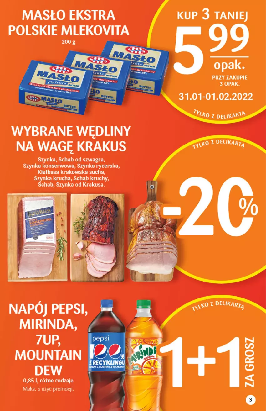 Gazetka promocyjna Delikatesy Centrum - Gazetka DC04 - ważna 27.01 do 02.02.2022 - strona 3 - produkty: Gra, Kiełbasa, Kiełbasa krakowska, Krakus, Masło, Mirinda, Mleko, Mlekovita, Napój, Pepsi, Ser, Szynka, Szynka konserwowa, Tytan