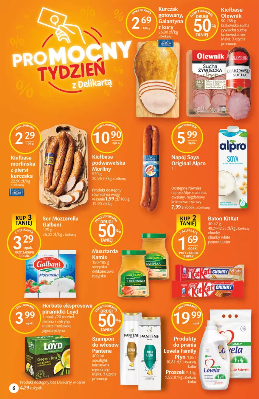 Gazetka promocyjna Delikatesy Centrum - Gazetka DC04 - ważna 27.01 do 02.02.2022 - strona 6 - produkty: Alpro, Baton, Fa, Gala, Galantyna, Gin, Kamis, Kiełbasa, Kurczak, Lovela, Loyd, Mus, Musztarda, Napój, Napoje, Olewnik, Pantene, Szampon, Wawel