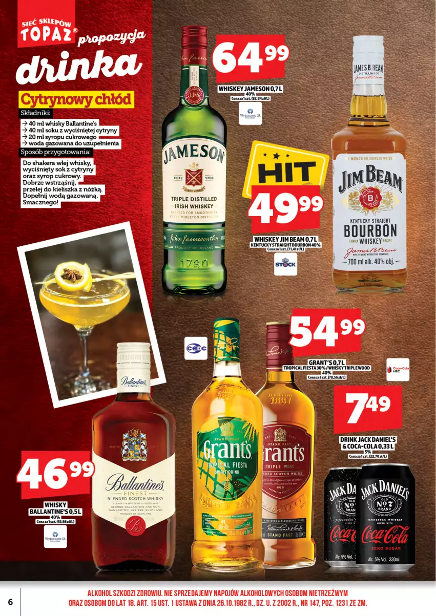 Gazetka promocyjna Topaz - Gazetka - ważna 15.05 do 31.05.2026 - strona 8 - produkty: Ballantine's, Bourbon, Coca-Cola, Cytryny, Gra, Grant's, Jim Beam, Sok, Syrop, Whiskey, Whisky, Woda, Woda gazowana